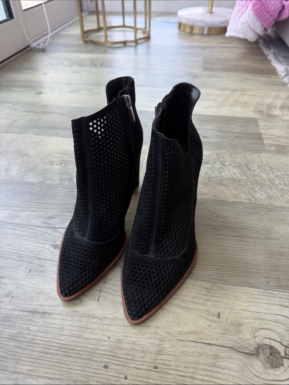 Vince Camuto Black Perforated Pointed-Toe Ankle Booties